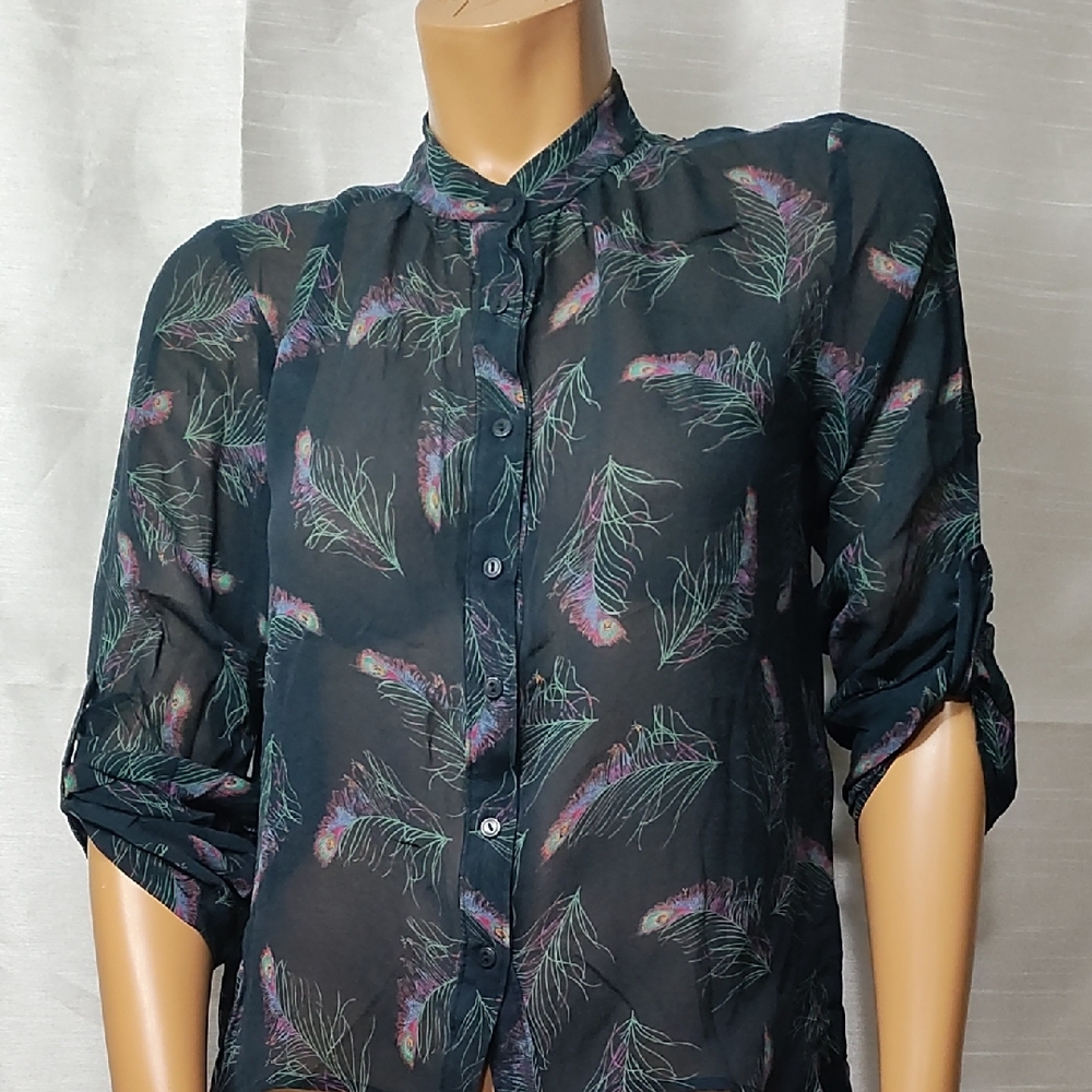 Hinge Black Button Down Shirt with Cuffed‎ Sleeves and Mandarin Collar